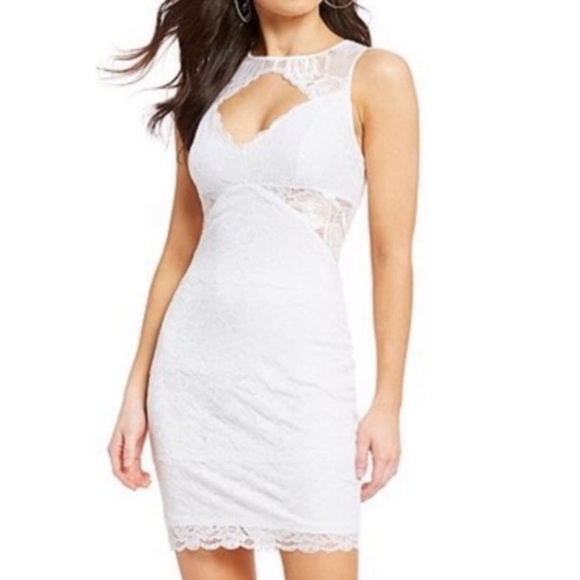 GUESS NWT Silvana Lace Sheer Detail Cutout Mini Bodycon Dress M Bridal Romantic - Picture 2 of 16